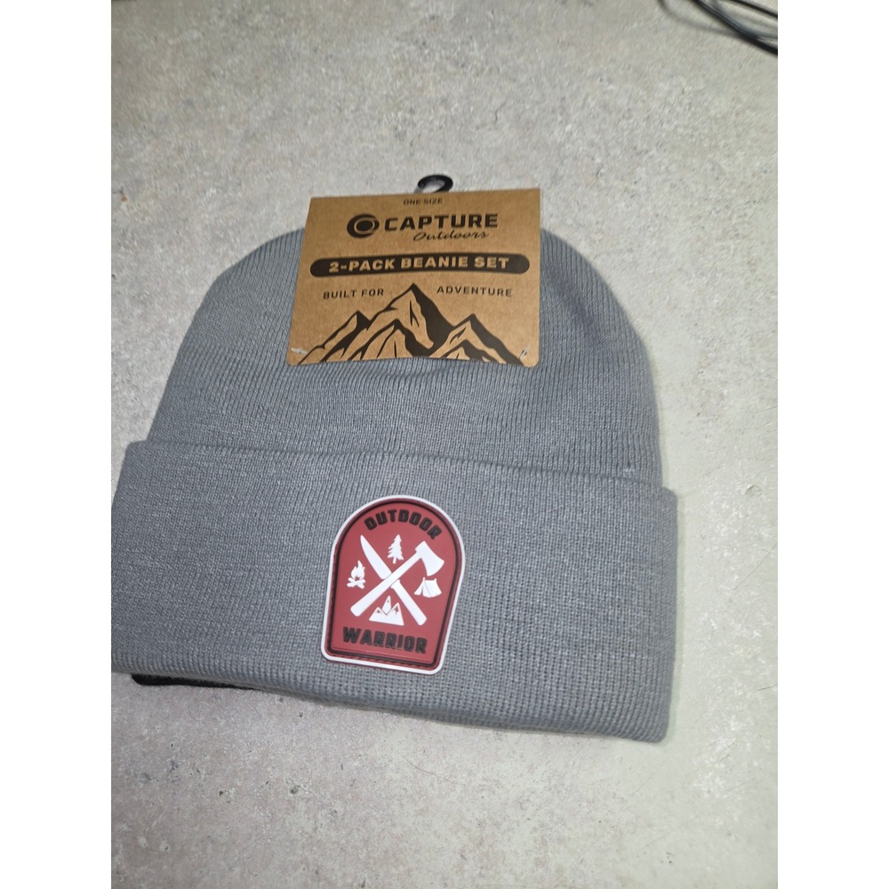Capture Outdoors Beanie Set Men OS Grey Black New 2-Pack Patch Knit Hat